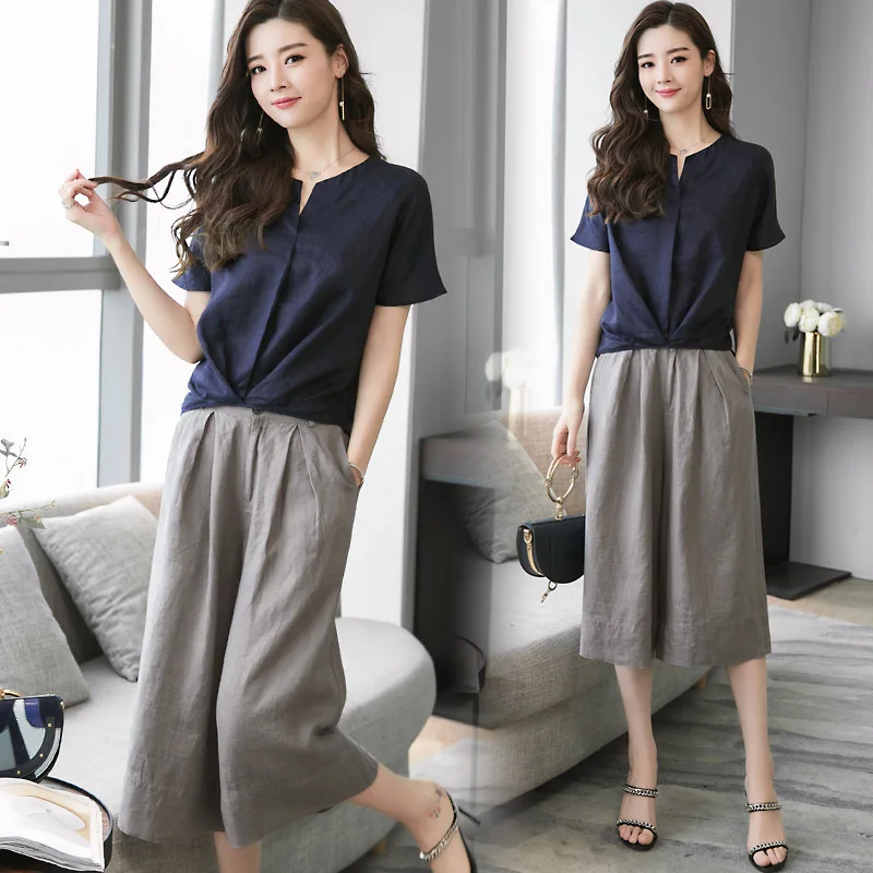 

2019 Summer Culottes Two-Piece Set Elegant Solid Color Versatile Elegant Fresh Youth Slim Fit Fashion Leisure Suit
