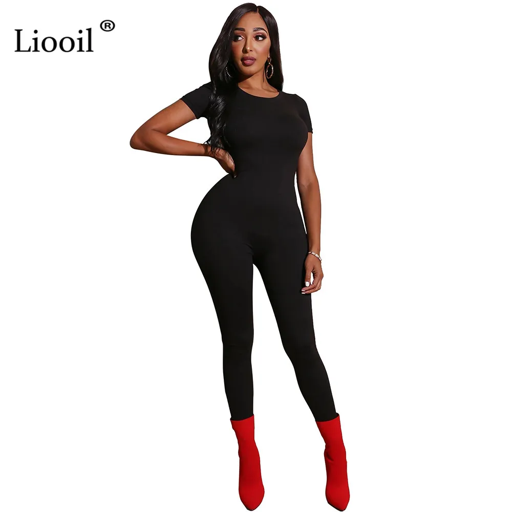 ShortSleeve-Black Liooil, Клубная одежда, длинные штаны, облегающие, вечерние, сексуальный комбинезон для дня рождения, одноцветные, черные, бордовые, обтягивающие, женские комбинезоны и комбинезоны - Цвет: ShortSleeve-Black