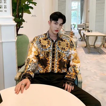 

Men Long Sleeve Satin Style Vintage Print Loose Casual Chic Shirt Male Streetwear Hip Hop Party Dress Shirts Stage Show Costumes