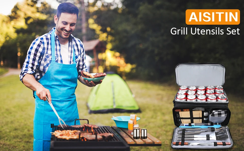 AISITIN BBQ Grill Accessories 16-Inch Stainless Steel Grill Sets for Men,  8Pcs Heavy Duty Grill Utensils Set for Smoker, Camping, Thicker Grill Tools