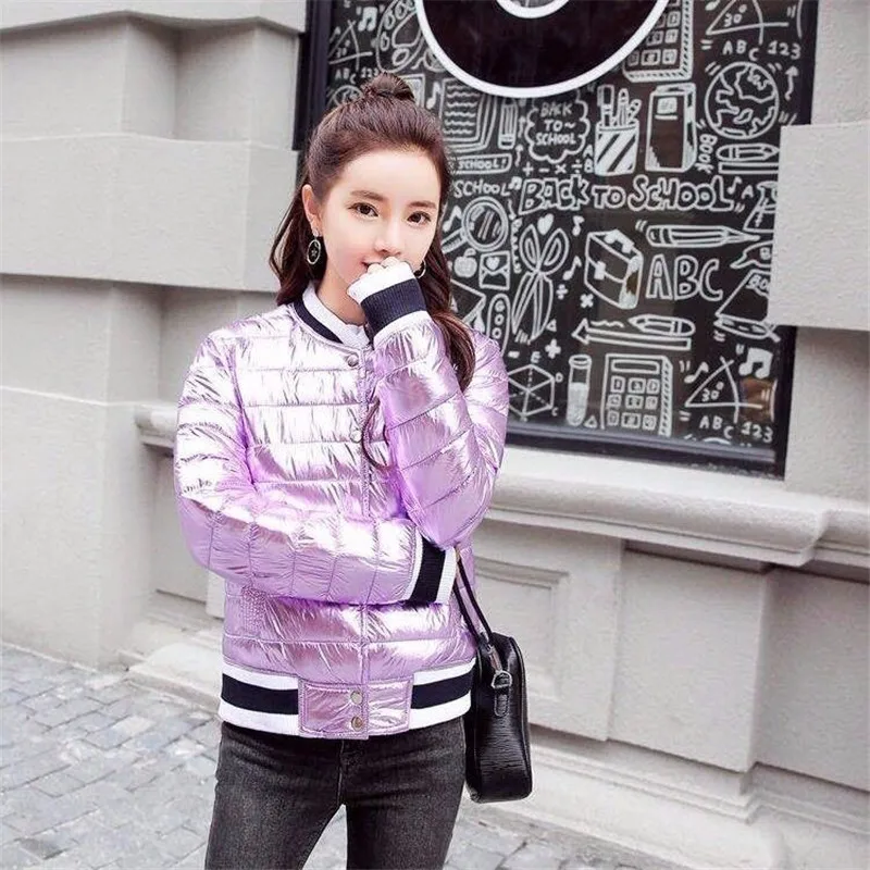 2019 Fashion Zipper Women Glossy Baseball Jacket Winter Down Parka Female College Jackets Bomber Jacket Coats Basic Outwear