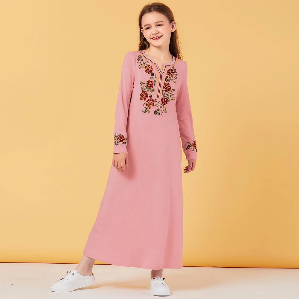 Sweat Muslim Girls Dress Floral Pockets Pink Moroccan Dresses Children Kids Kimono Islamic Clothing Dubai A-line Vestido Kaftan |