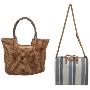 

Fashion Summer Round Straw Bag Beach Rattan Women Handbag & Summer Striped Canvas Bag Simple Canvas Bag Shoulder
