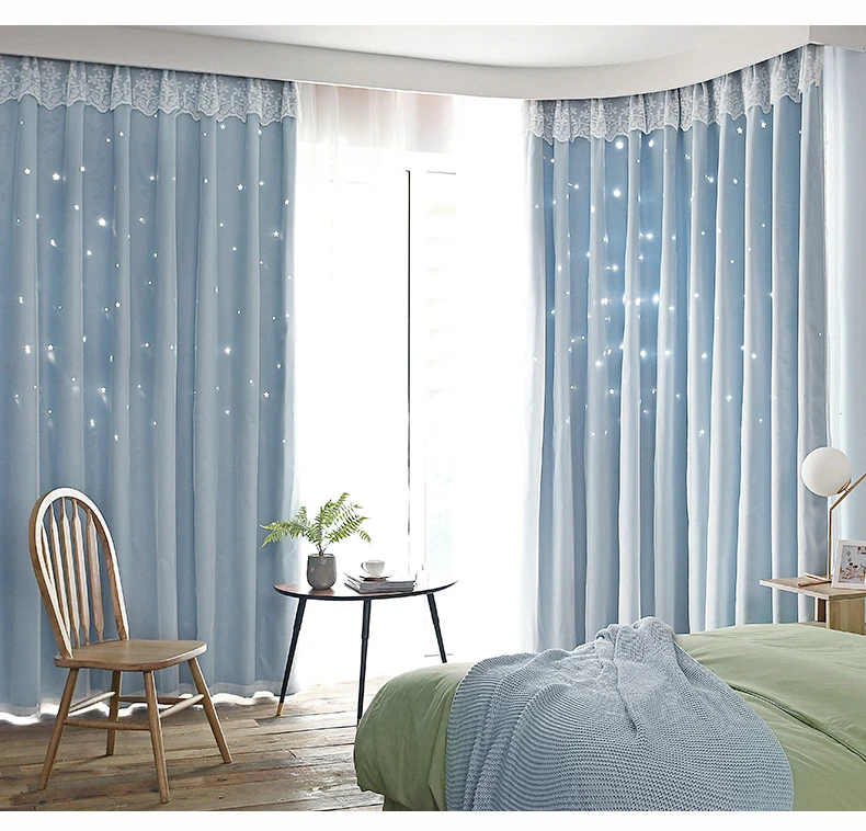 Fashion korean style pink hollow star kids curtains double layer black out window curtains for living room decorative