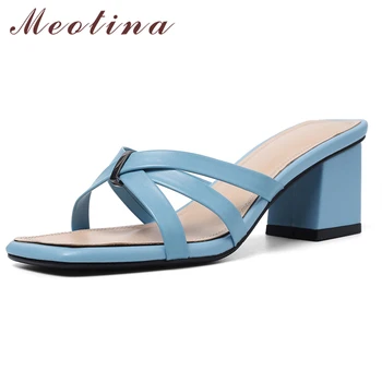 

Meotina Women Slippers Narrow Band High Heel Slides Female Square Toe Block Heels Shoes Ladies Bling Summer Sandals Blue Size 40