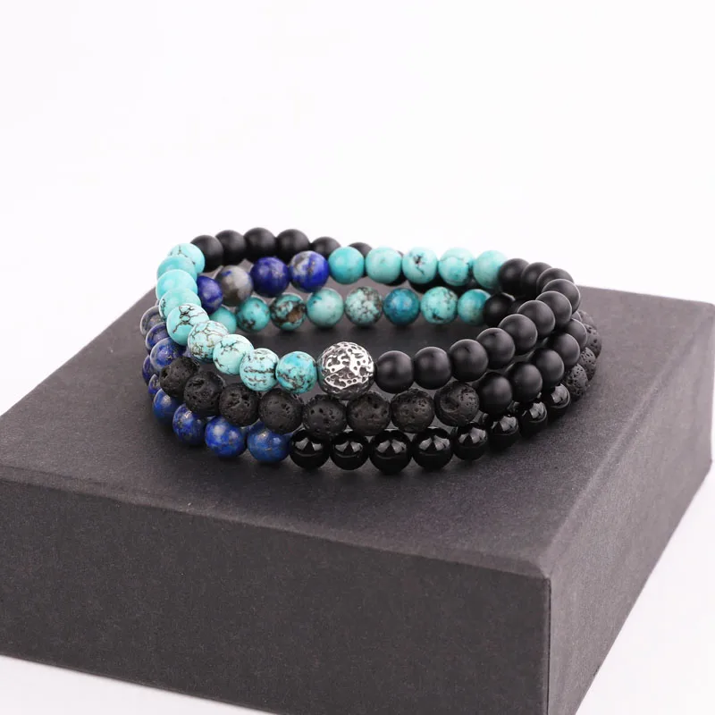 New Design Natural Stone Jewelry Male Bracelet Three Layers Beads Stainless Steel Ball Elastic Wrap Bracelet men