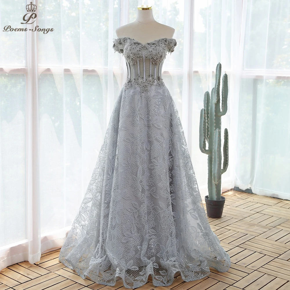 Elegant sequin lace gray flowers Evening dress  prom dresses evening gowns vestidos de fiesta robe de soirée de mariage white evening gowns