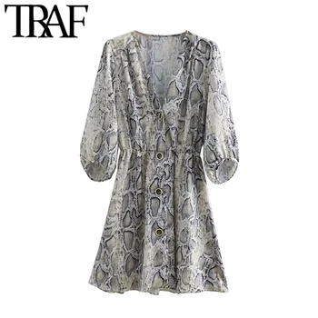 

TRAF Women Sexy Snake Print Pleated Mini Dress Vintage Fashion Three Quarter Sleeves Animal Pattern Dresses Vestidos Mujer