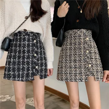 

New Women Plaid A-line Buttons Skirts Above Knee Tweed Skirt Female Short Skirts Bottoms For Girls Autumn Winter