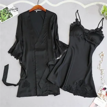 

Women Pajamas 2 Pieces Satin Sleepwear Pijama Silk Home Wear Home Clothing Embroidery Sleep Lounge Pyjama with Chest Pads