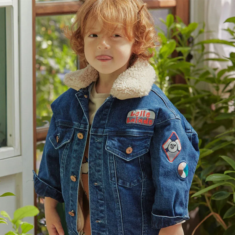 Limietdoudou/Корейская Брендовая детская зимняя куртка кепп, теплое плотное детское джинсовое пальто для мальчиков с флисовой подкладкой, очень милое Брендовое детское пуховое пальто