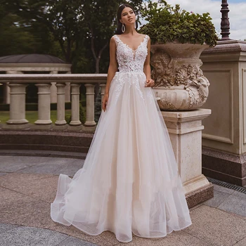 

Eightale Boho Wedding Dress V-Neck Appliques Lace Wedding Gowns 2020 Custom Made Elegant Bride Dress Vestido De Noivas