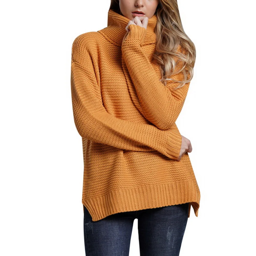 Женская мода осень и зима сплошной цвет трикотажные свитера Женские однотонные теплые водолазки с длинными рукавами пуловеры новинка - Цвет: Цвет: желтый