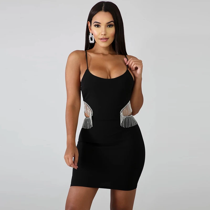 Feditch блестящая кисточка алмазные вечерние платья Bodycon Спагетти ремень Slash шеи Элегантное белое платье мини клуб Vestidos Весна Лето - Цвет: Black