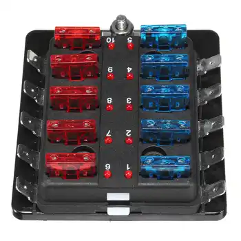 

12V~32V 10 Way Blade Fuse Connector Box LED Warning Light Kit Set For Car Boat with Fuses (5A 10A 15A 20A 30A) & Terminals