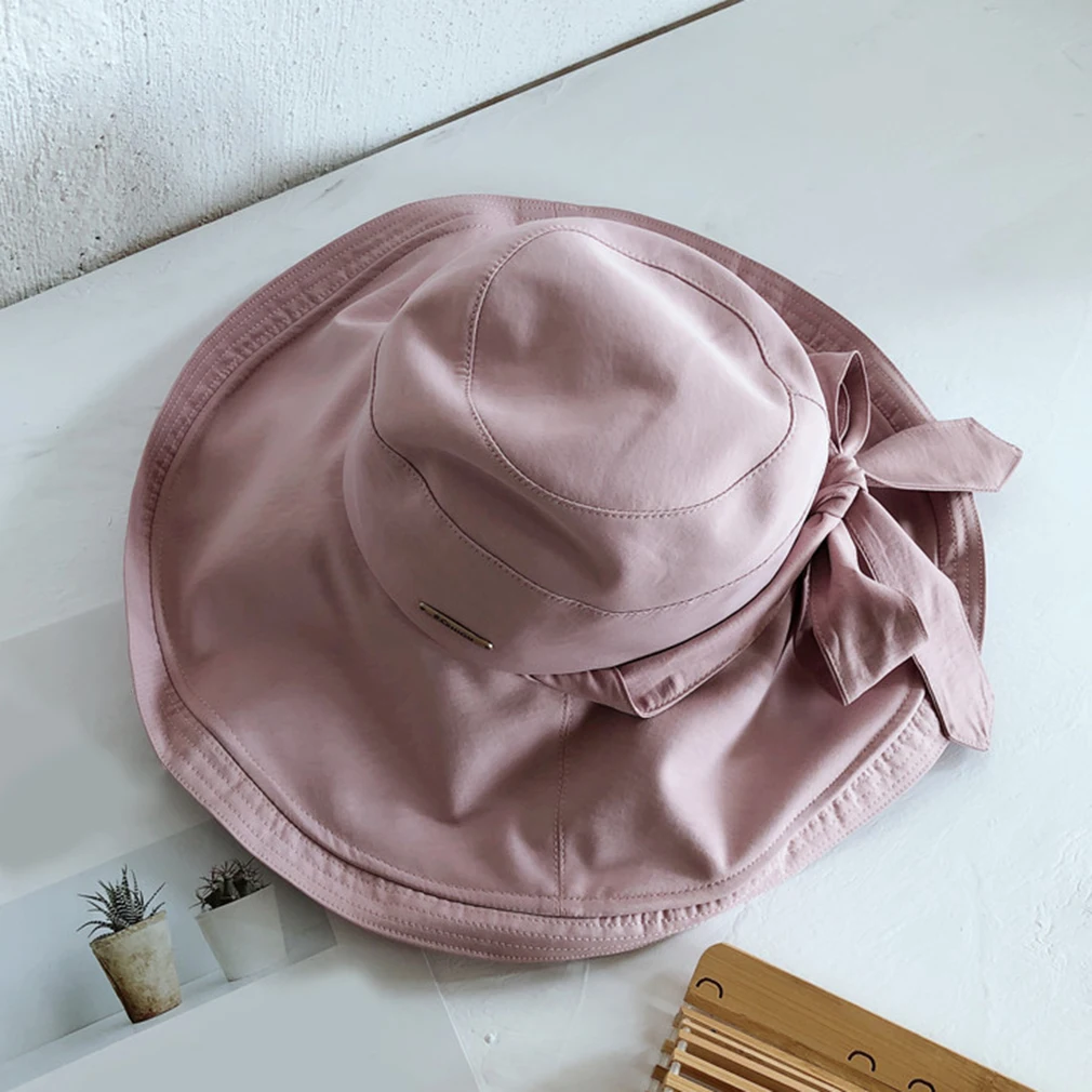 Light purple Новая женская хлопковая Солнцезащитная складная шляпа с бантом, женская летняя пляжная Рыбацкая шляпа с широкими полями - Цвет: Light purple