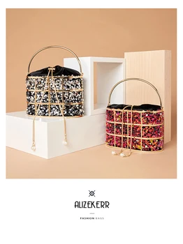 

Luxury Sequined Evening Clutch Bag Women 2020 Diamond Metal Handle Basket Cage Purse And Handbag Ladies Pearl Shoulder Bag Party