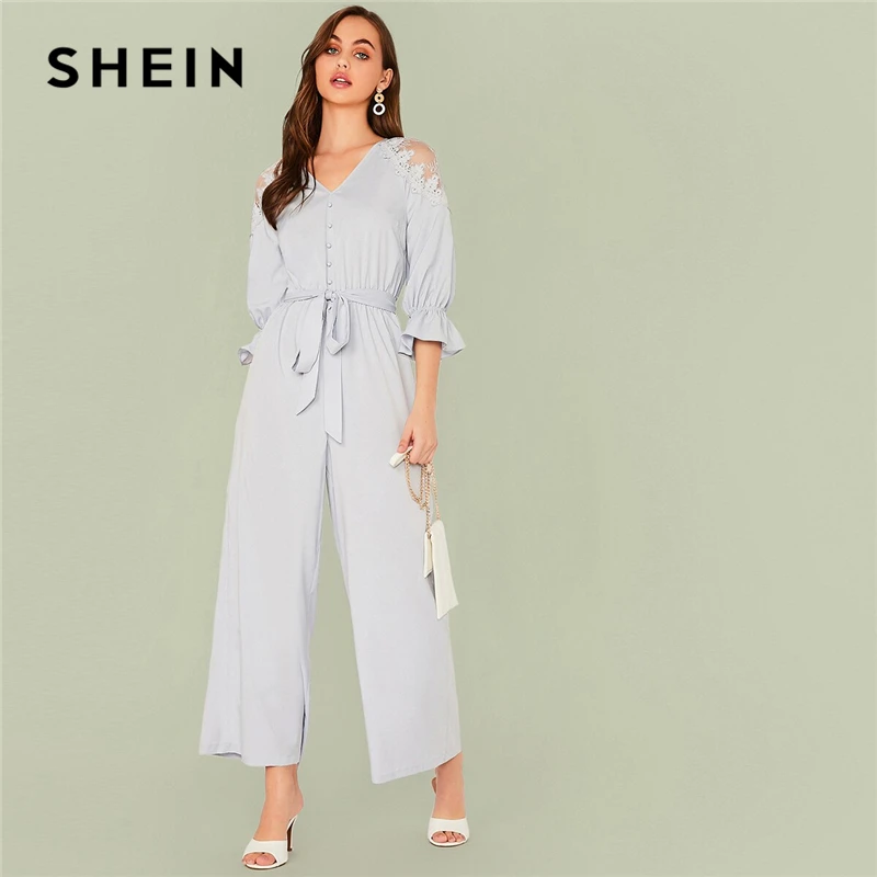 

SHEIN Blue Solid V Neck Contrast Lace Shoulder Belted Jumpsuit Women Autumn Flounce Sleeve Button Front Elegant Shirt Jumpsuits