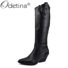 Odetina Women Pull On Comfort Pointed Toe Vintage Autumn Retro Western Equestrian Riding Boots Chunky Mid Heel Knee High Boots