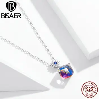 

BISAER Sparkling CZ 100% 925 Sterling Silver Brilliant Blue Crystal Pendant Necklaces for Women Authentic Silver Jewelry GAN065