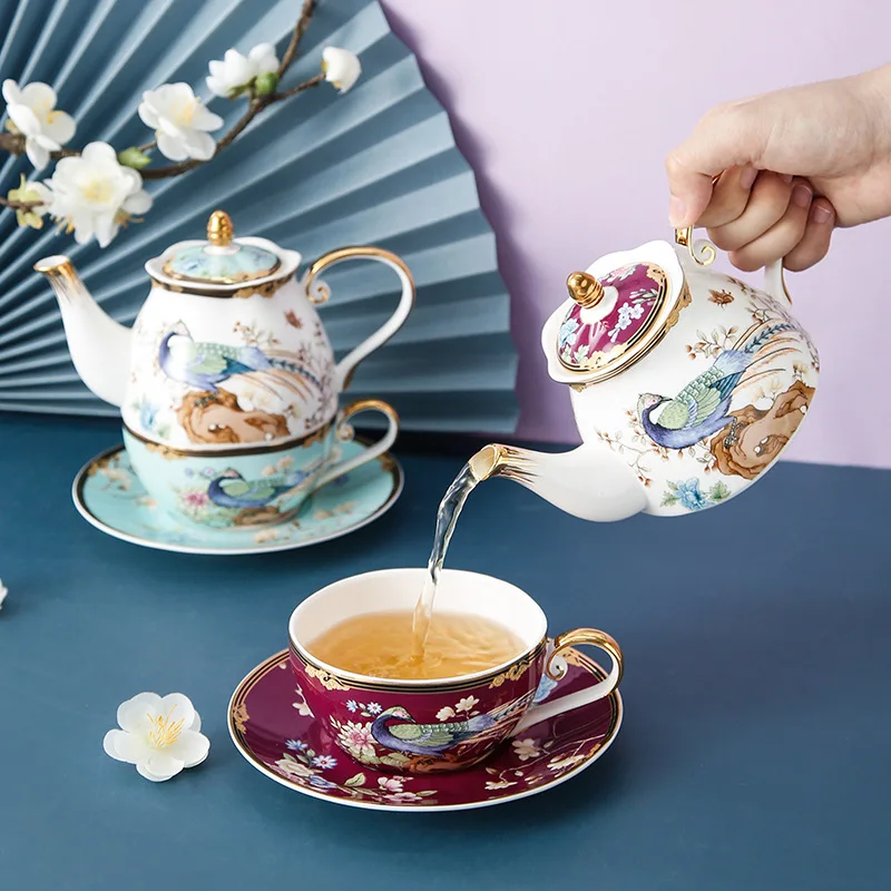 British light luxury ceramic teapot afternoon scented tea pot with flower and bird single pot cup and saucer gift box set