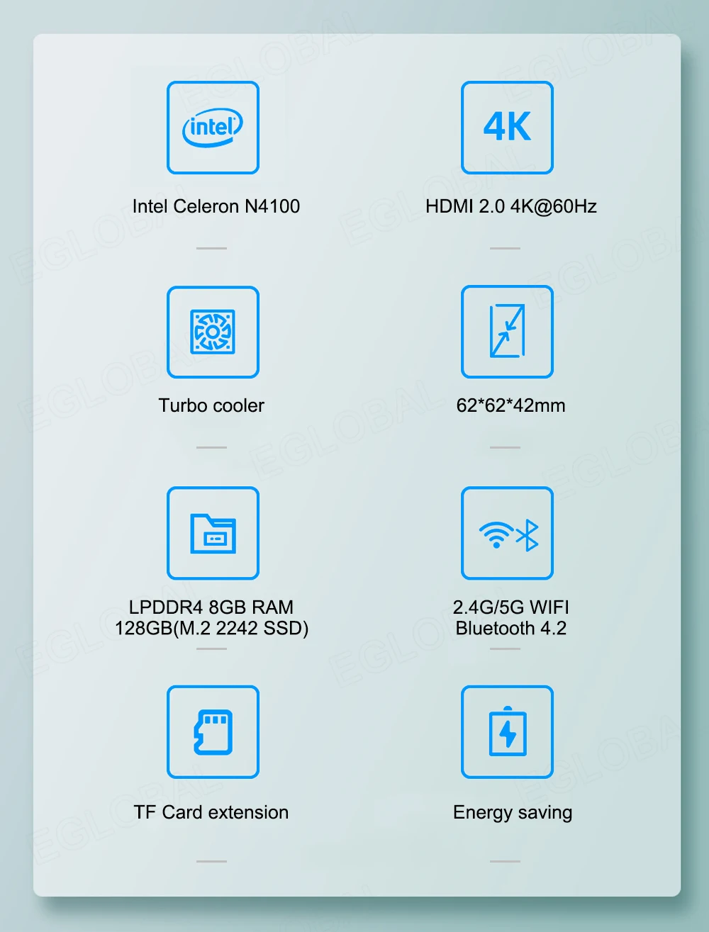 Eglobal Palm Computer with Intel Celeron N4100 Quad-Core, 8GB LPDDR4, 128GB SSD, 2.4G/5G WiFi, BT4.2, Mini PC - Windows 10 Pro Description Image.