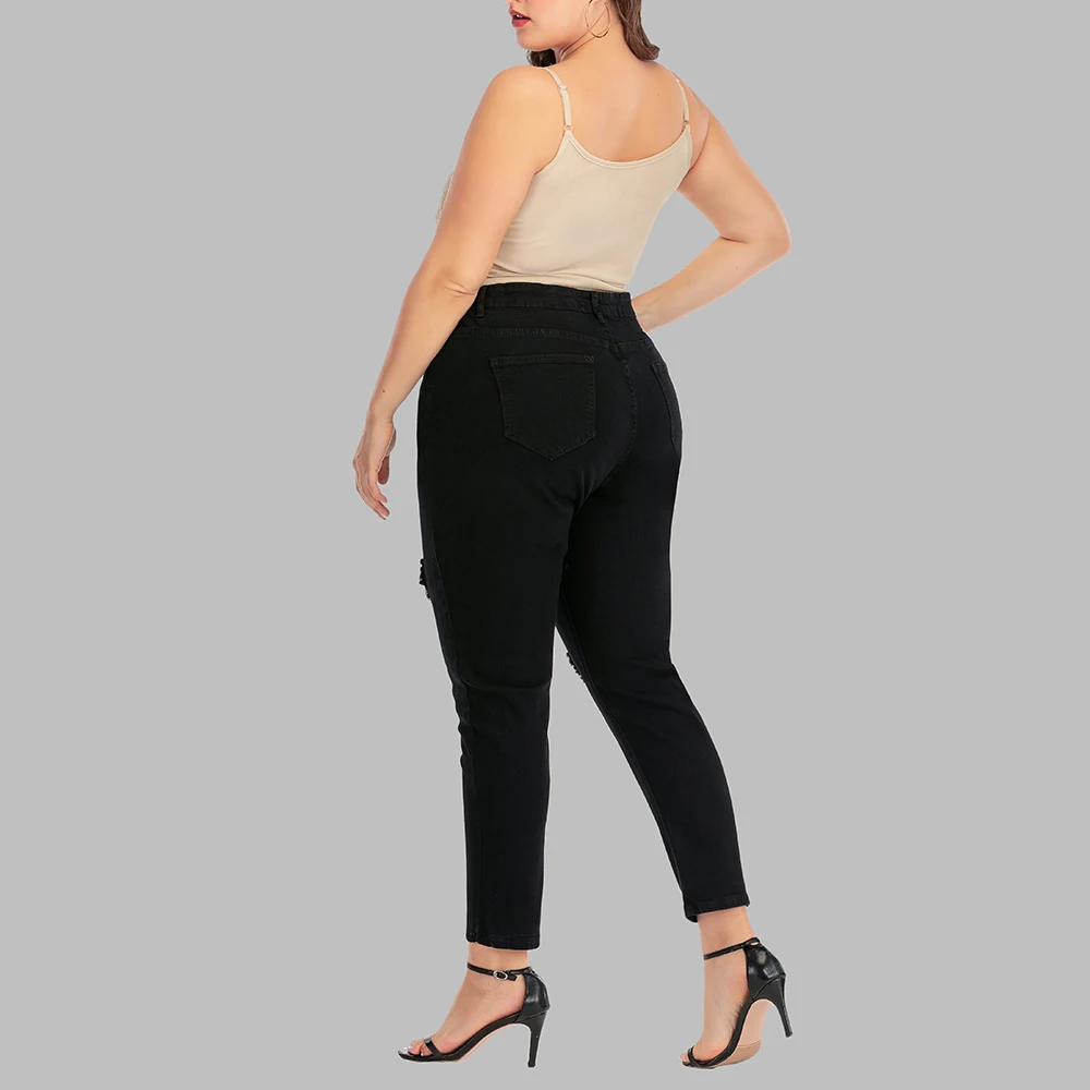 4XL Plus Size Women Jeans Solid Colour Mid Waist Denim Pants Ladies Casual Pockets Ripped Jeans Skinny Female Jeans jeansy D30
