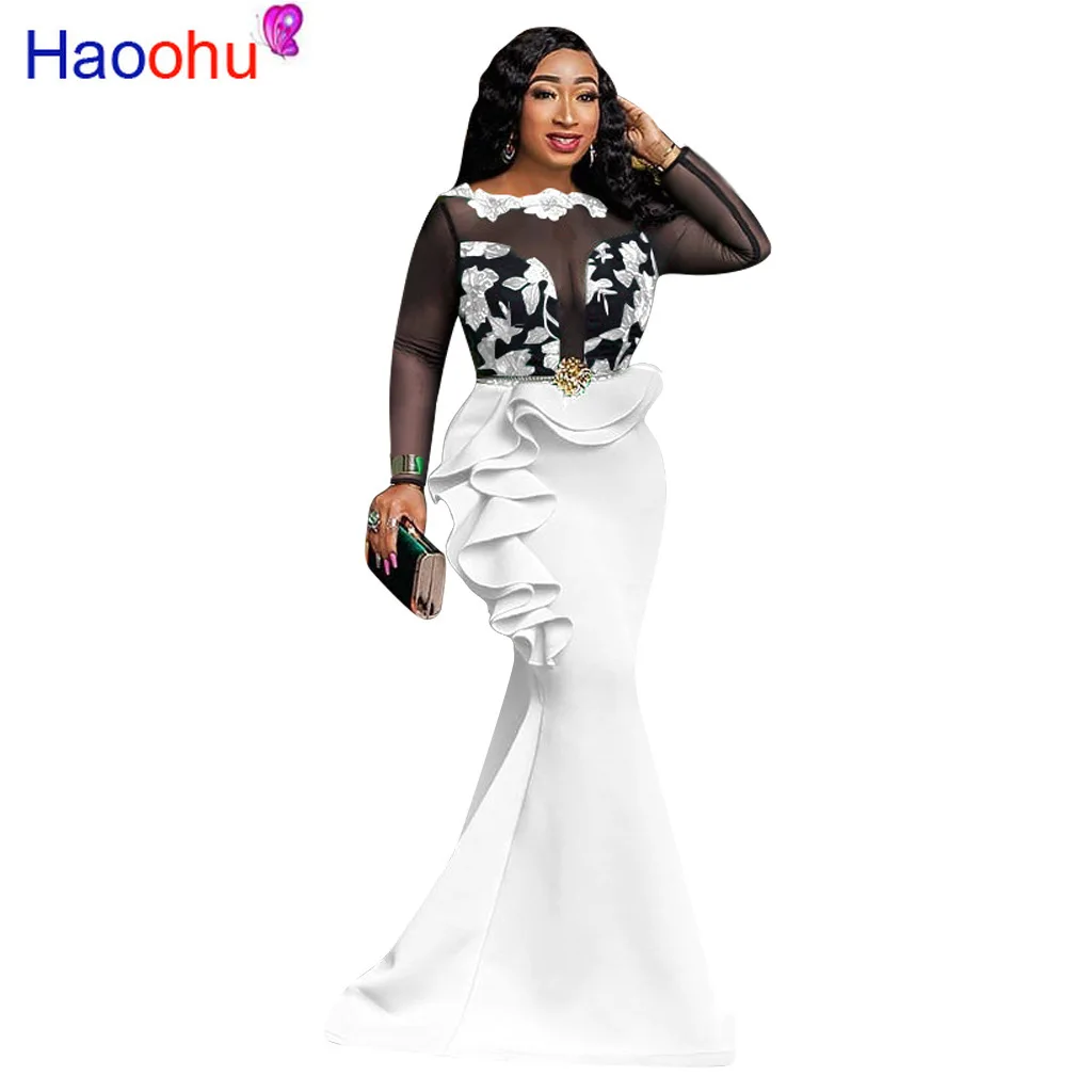 HAOOHU Sexy Long Sleeve Applique Mesh Sheer Splice Ruffle Night Party Dress Women Robe Vestidos Backless Bodycon Maxi Dresses | Женская