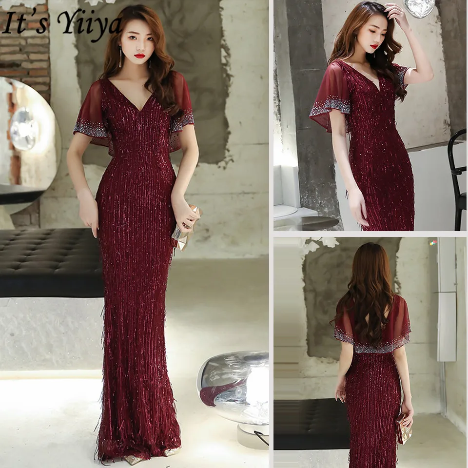 

It's Yiiya Evening Dress Floor-Length V-Neck Sequined Robe De Soiree K028 Short Sleeve Backless Plus Size Evening Dress 2019