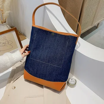 Daily Casual Shoulder Bucket Bags For Women Patchwork High Quality Denim Large Capacity Travel Handbags Ladies Shopping Bag
