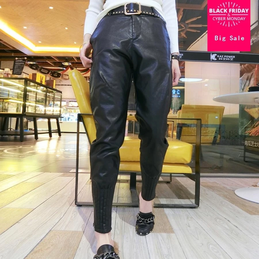 Autumn women's PU leather pants casual harem pants female fashion Bottom edge zipper design leather trousers loose pants L1587