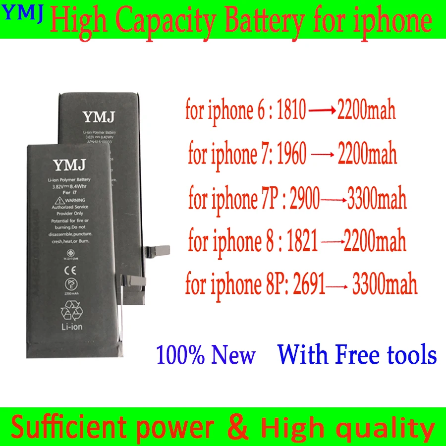 100 New High Capacity For Iphone 6 7 7p 8 8p Battery Mobile Phone