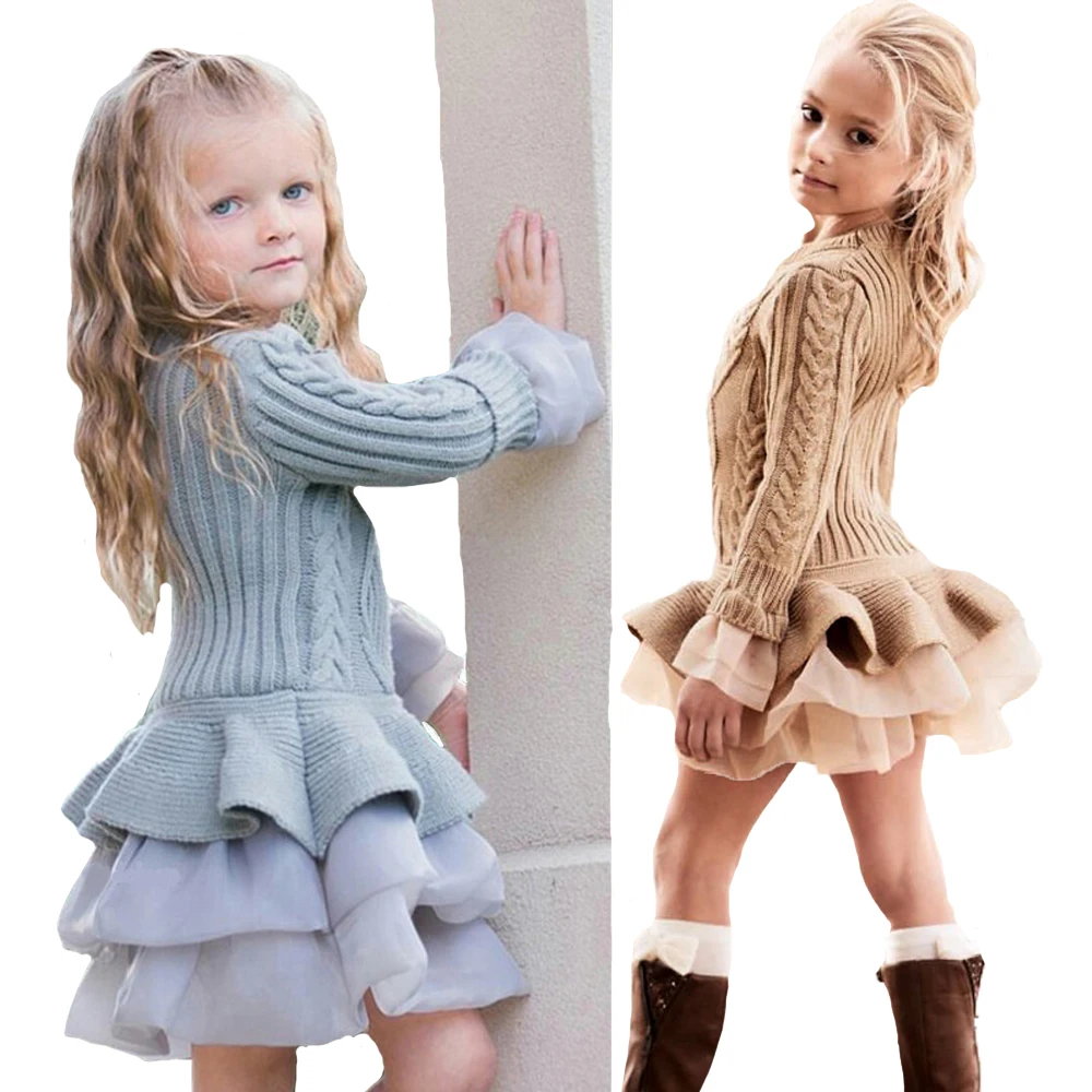 Платье-свитер для девочек; осенне-зимнее платье-пачка принцессы для девочек; теплый пуловер с длинными рукавами; вязаный свитер; детская одежда