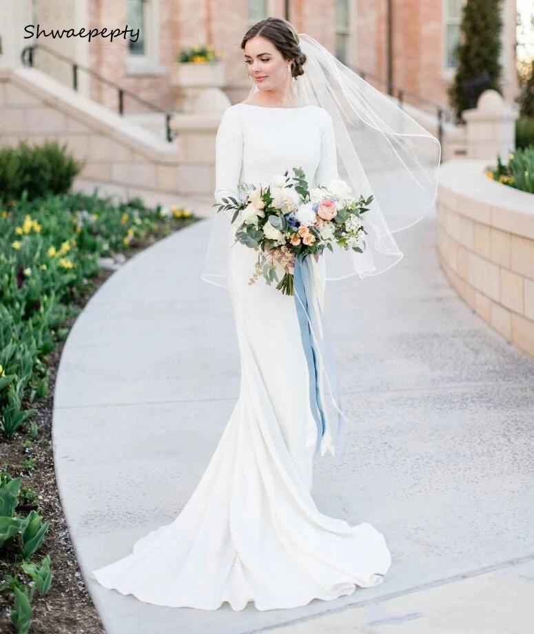 Shwaepepty мусульманское простое свадебное платье Русалка с длинным рукавом атласные