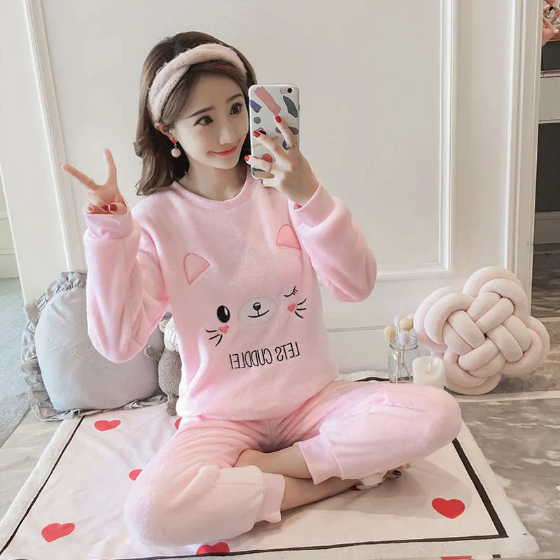 pink kitten Женские милые коралловые бархатные с длинными рукавами утолщенные Фланелевые домашние пижамы для осени и зимы - Цвет: pink kitten