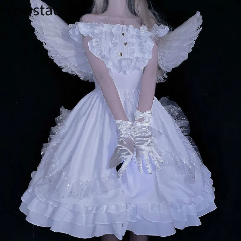 Japanese Sweet White Angel Jsk Lolita Dress Vintage Kawaii Girls Gothic Star Lace Fairy Wedding Gown Cosplay Princess Dresses