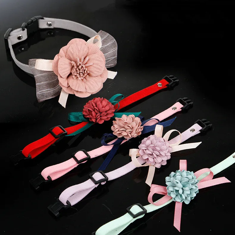 Collar de cuero con lazo para mascotas, lazo de flor encantador de tela de alta calidad para perros y gatos, productos para mascotas ajustables