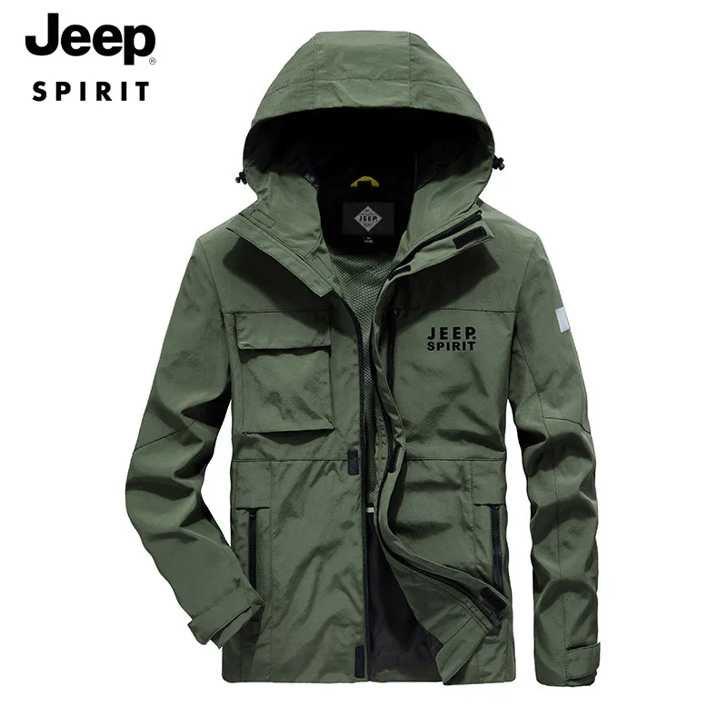 

JEEP SPIRIT mid-length jacket men's loose waterproof outdoor multi-pocket windbreaker sports high-quality jacket with hat
