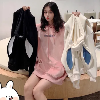 

crop top hoodie Animal sweatshirt women kawaii harajuku Casual sweet cute rabbit ears Pullovers Hooded Long Cotton Polyester