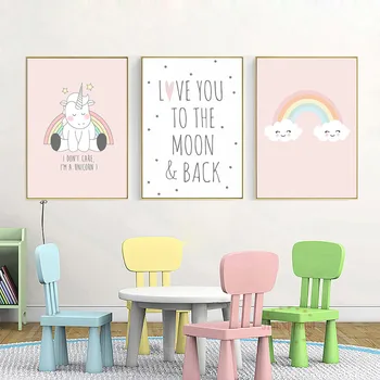 

Pink Rainbow Canvas Painting Kids Poster Nordic Wall Art Picture Unicorn Poster Nursery Posters and Prints Baby Room Decoration