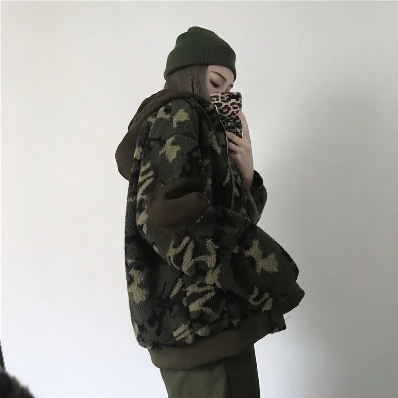 Харадзюку Винтаж ins Горячая зимняя теплая камуфляжная армейская зеленая свободная Толстая толстовка на молнии с капюшоном зимнее пальто куртка женская YQ-1100