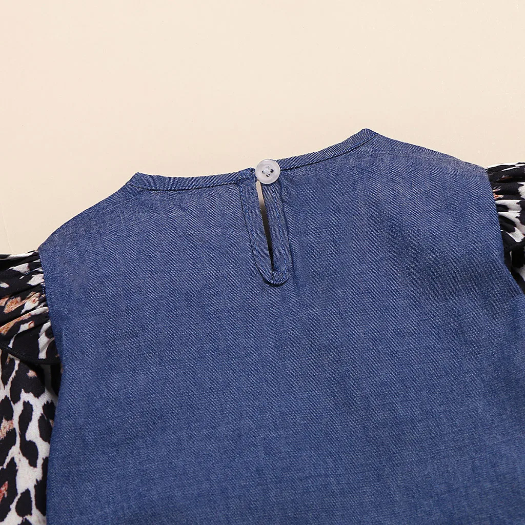 Одежда для малышей модный джинсовый Детский комбинезон с принтом леопарда для девочек, боди+ брюки с бантиком Roupa Infantil Menina