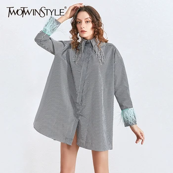 

TWOTWINSTYLE Diamonds Tassel Striped Female Dresses Lapel Collar Long Sleeve Feathers Loose Party Dress Women 2020 Fashion Tide