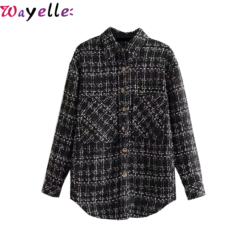

Vintage Pockets Plaid Jacket Coat Women 2019 Korean Fashion Lapel Collar Long Sleeve Ladies Outerwear Chic Loose Women Tops