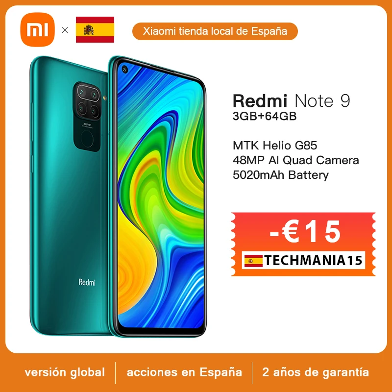 Xiaomi-teléfono inteligente Redmi Note 9, versión Global, 3GB y 64GB, Helio G85, ocho núcleos, pantalla de 6,53 pulgadas, cámara cuádruple de 48MP, 5020mAh