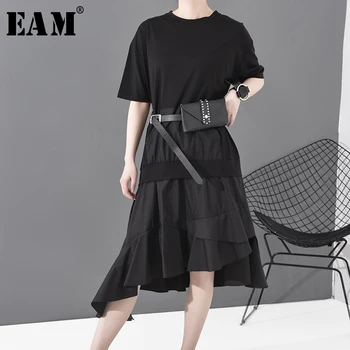 

[EAM] Women Black Asymmetrical Ruffles Big Size Dress New Round Neck Short Sleeve Loose Fit Fashion Spring Summer 2020 1S775