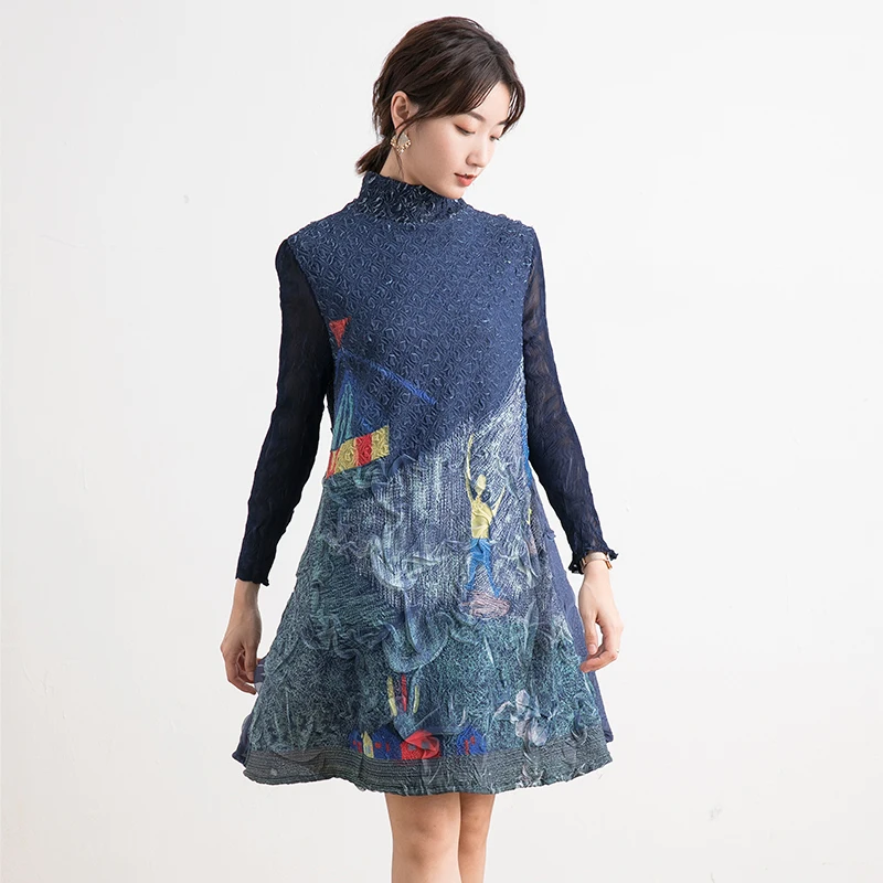 

Fold Dress Long sleeves 2019 Early autumn New pattern Lady Temperament Medium length High collar Printing Dress