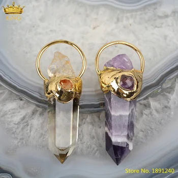 

3pcs Natural Dream Amethyst Smoky Yellow Quartz Stone Stick Point Gold Hoop Charms Pendant Necklace Jewelry Findings DIY