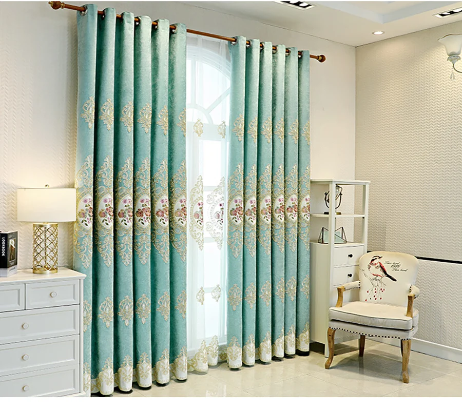 European Chenille Green Gold Thread with Flowers Bedroom Blackout Curtains Exquisite Living Room Embroidery Sliding Door Drapes