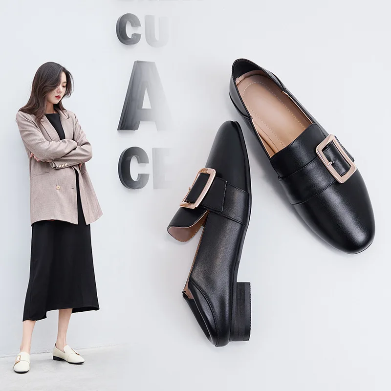 

2019 Spring New Style Versatile Genuine Leather Retro Loafers Brown Women's Flat Square Buckle Square Head WOMEN'S Thin Shoes